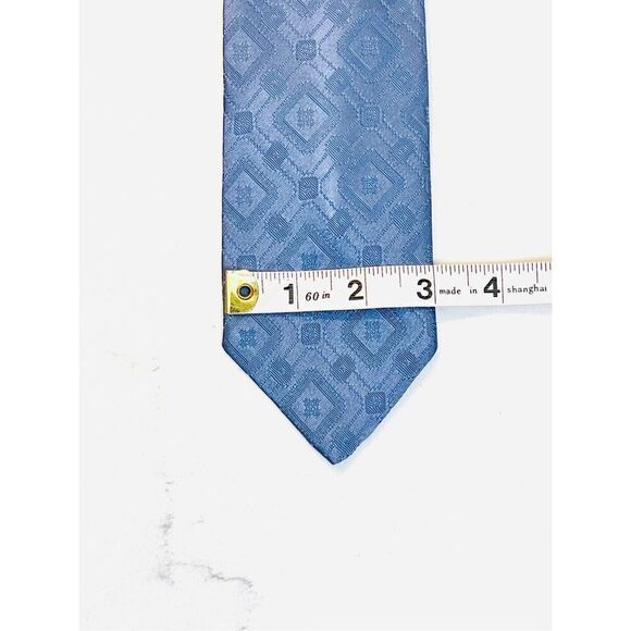 Vintage 70s Golden Clasp Prince Consort 3" Blue Deco Polyester Diamond Necktie - Picture 5 of 6